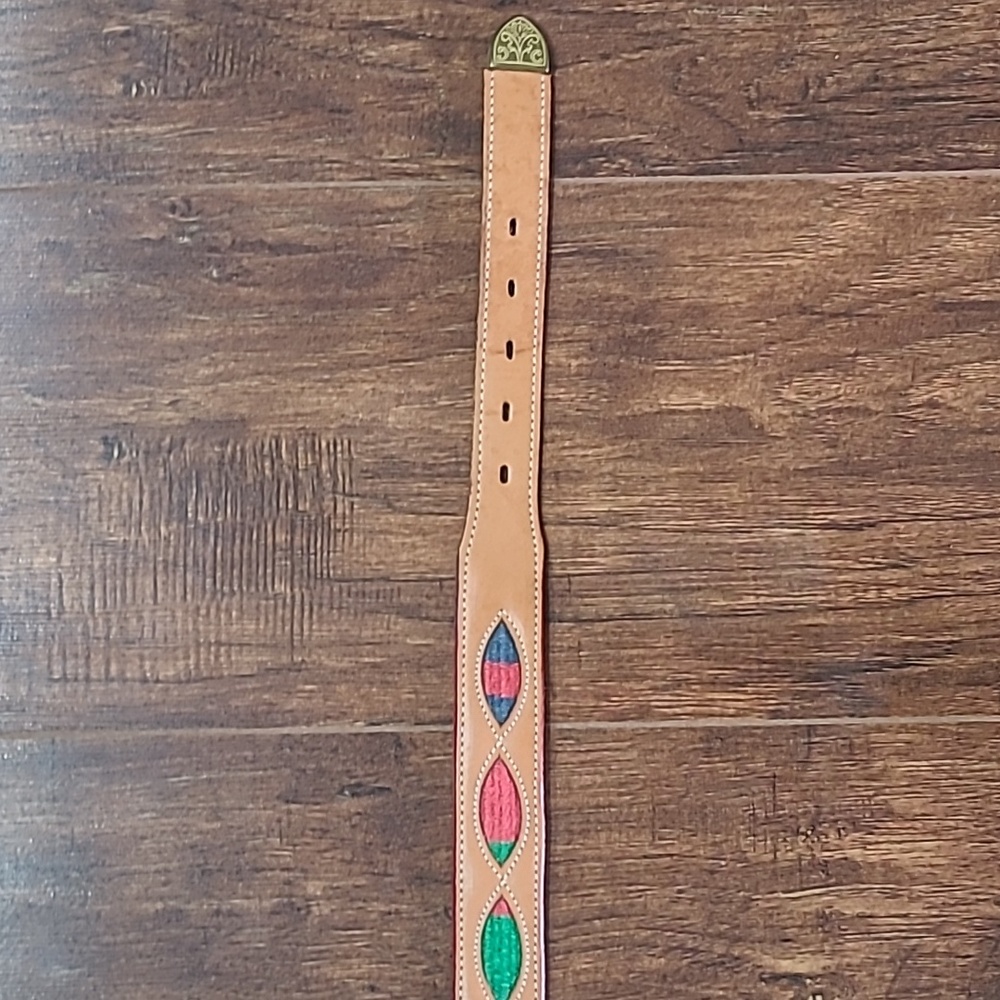 Western Leather Embroidered Belt with Brass Accents Tan, Purple, Yellow, White - Picture 12 of 12